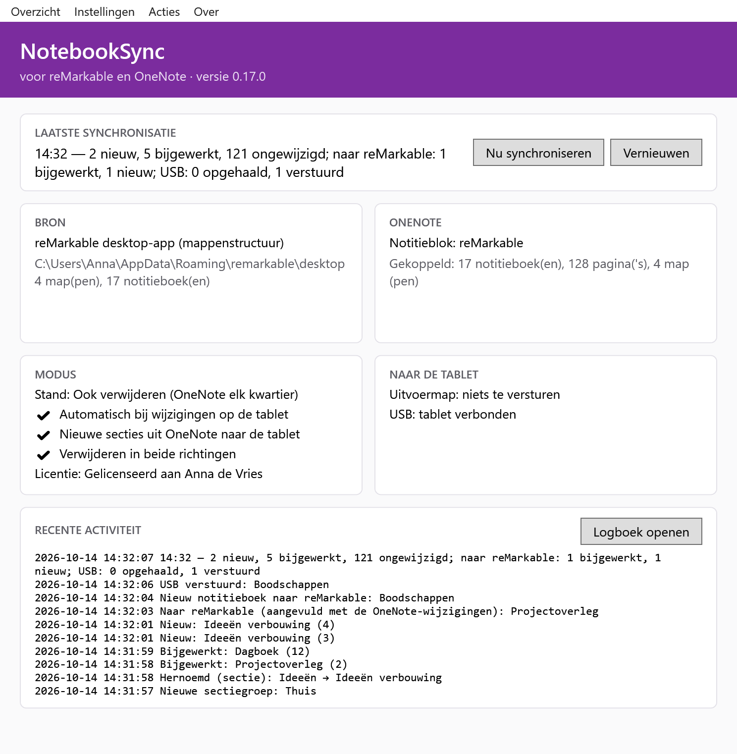 Overzicht van NotebookSync: laatste synchronisatie, bron, OneNote-notitieblok, modus en recente activiteit
