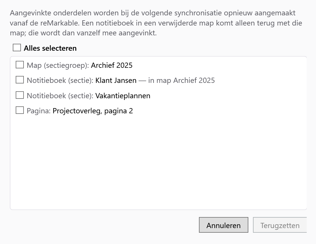Venster om in OneNote verwijderde onderdelen terug te zetten